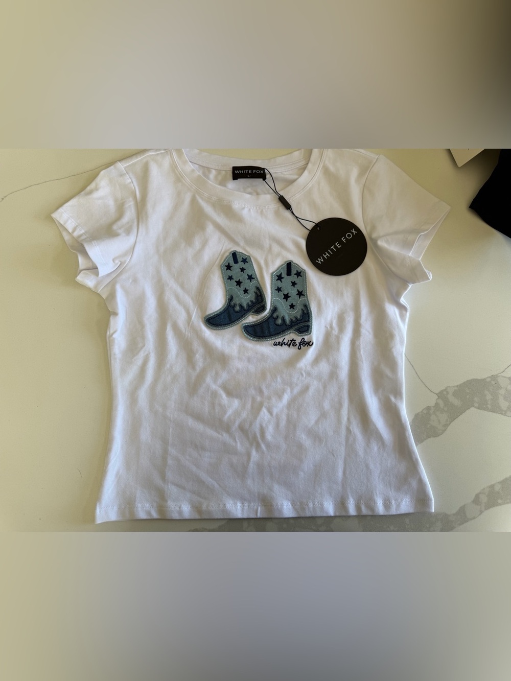 White Fox White T-Shirt with Blue Cowboy Boots size large